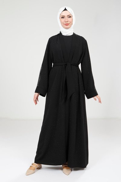 Black Abaya Set with Scattered Stone Detail