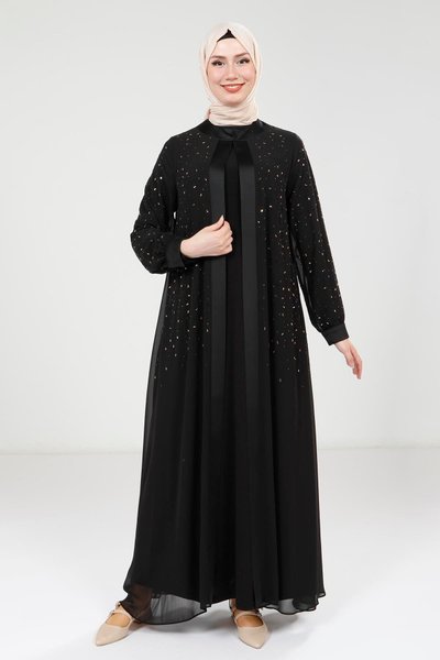 Siyah Taş Detaylı Şifon Abaya Takım