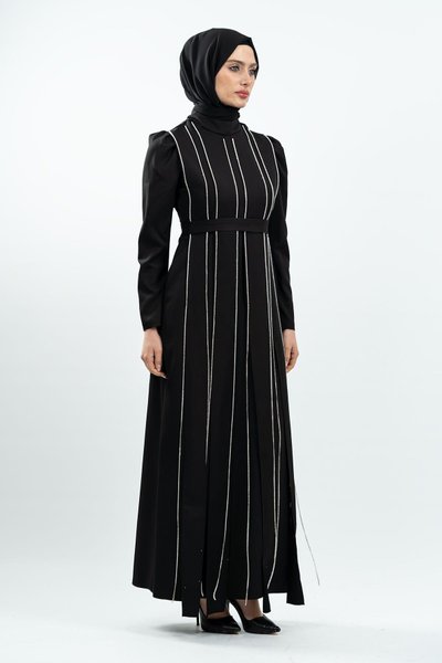 Siyah Taş Detaylı Tesettür Abiye Elbise