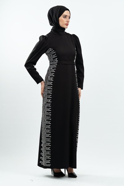 Siyah Taş Detaylı Tesettür Abiye Elbise