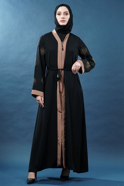 Black Stone Embroidered Zippered Abaya
