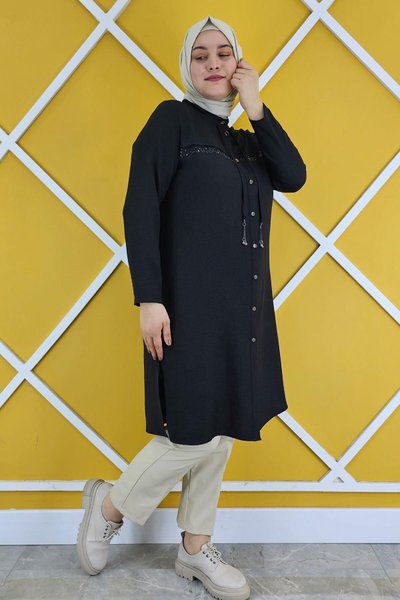 Black Stone and Accessory Detailed Linen Shirt with Tie Cord
