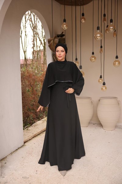 Black Stone Batwing Sleeve Modest Evening Dress
