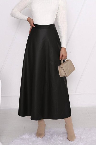 Siyah Uzun Beli Lastikli Düz Deri Etek