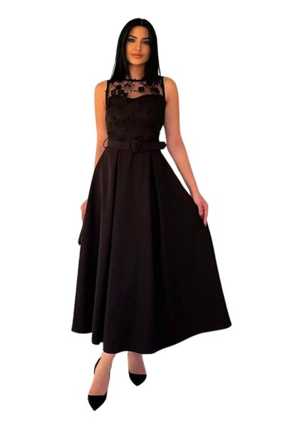 Black Long Dress with Lace Detail and Belt