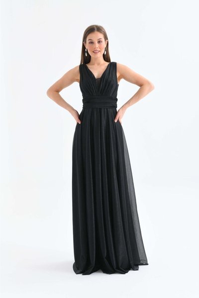 Siyah Uzun Simli V Yaka Abiye Elbise