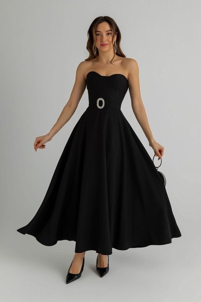 Black Long Strapless Evening Dress with Stone Buckle