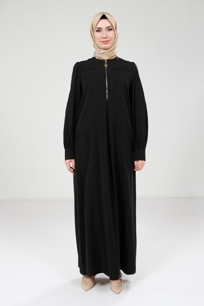 Black Zippered Collar Color Modest Dress