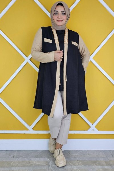 Siyah Yakası Taş Detaylı Kimono İkili Takım