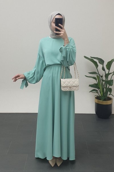 Su Yeşili Kolu Bağcıklı Balon Etekli İkili Takım