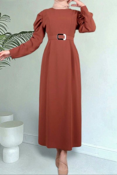 Taba Karpuz Kol Tokalı Kemerli Tesettür Elbise