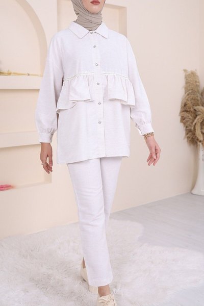 Taş Beli Fırfır Detaylı İkili Keten Takım