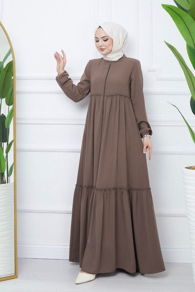 Toprak Parçalı Kolu Lastikli Boydan Fermuarlı Ferace