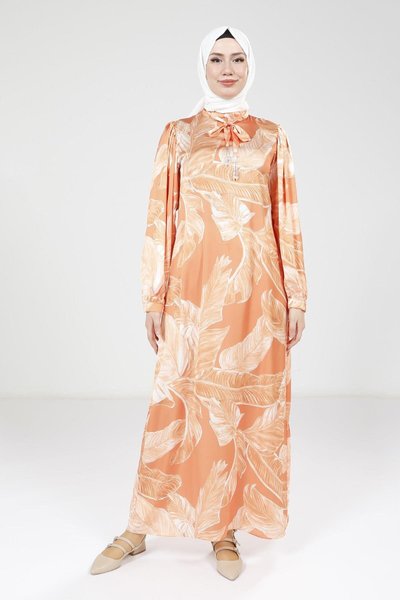 Orange Belted Neck Printed Dress