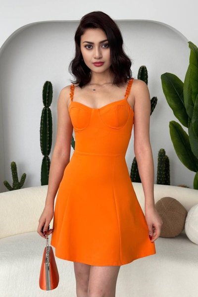 Orange Mini Thin Strap Backless V Neck Flared Dress