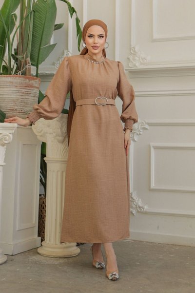 Vizon Yakası Taşlı Büzgü Kollu Kemerli Keten Tesettür Elbise