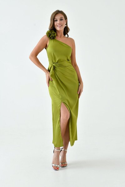 Oil Green Midi One-Shoulder Satin Fabric Dress with Rose Detail and Front Slit