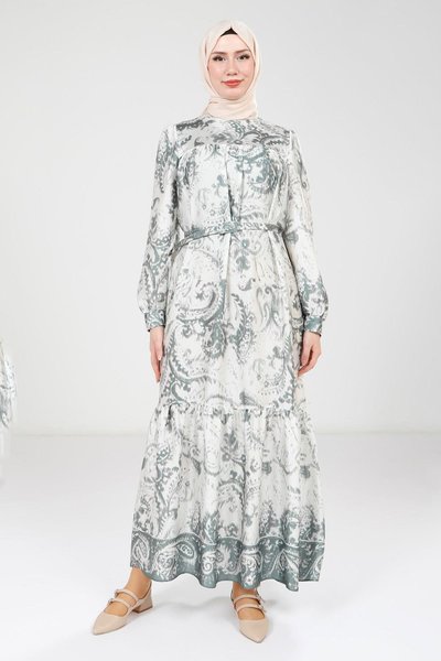 Green Printed Belted Dress