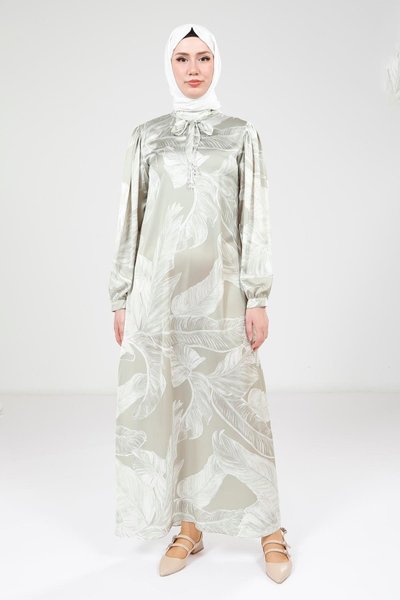 Green Collar Belt Detail Printed Dress