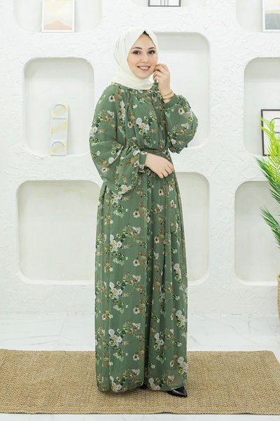 Green Floral Patterned Modest Dress