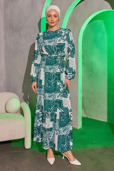 Yeşil Desenli Bürümcük Tesettür Elbise