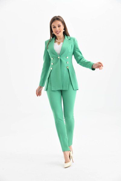 Yeşil Düğme Detaylı Blazer Ceket Ve Yüksek Bel Kalem Pantolon İkili Takım