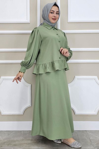 Green Ruffle Detail Skirted Two-Piece Set