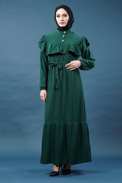 Yeşil Fırfırlı Tesettür Elbise