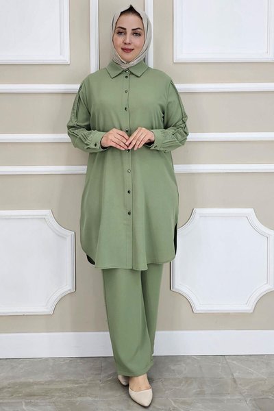 Yeşil Kolu Taş Detaylı İkili Takım