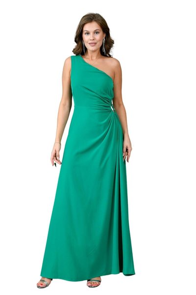 Green Long Waist Cut-Out Detail One-Shoulder Evening Dress