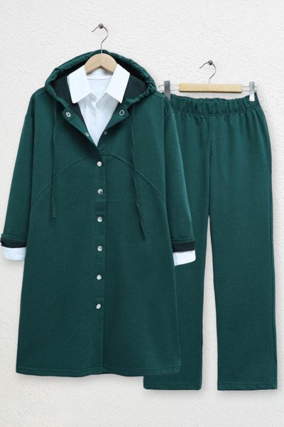 Zümrüt Boydan Çıtçıtlı Kapşonlu İkili Takım