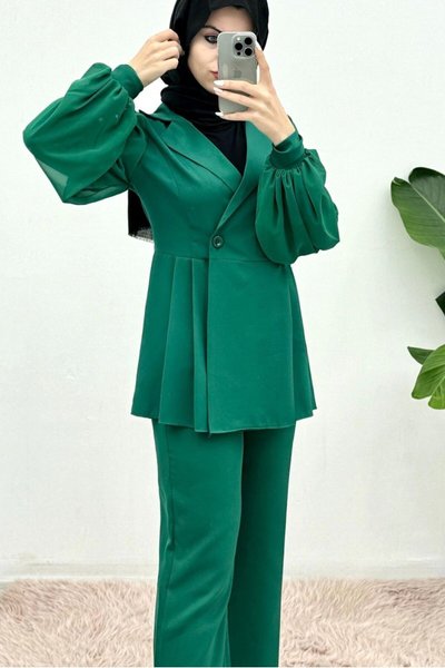 Zümrüt Yandan Pileli Tek Düğme Balon Kol Double İkili Takım