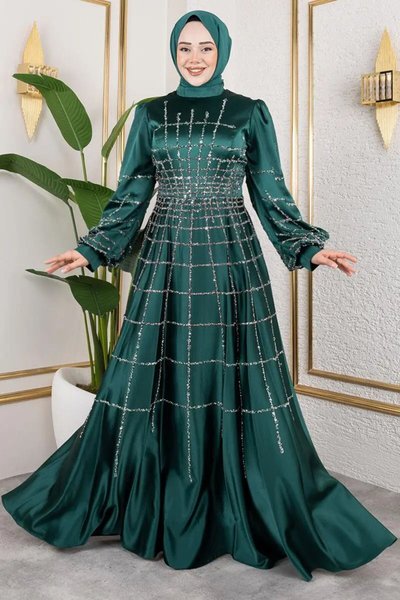 Zümrüt Yeşili Kafes Model Saten Tesettür Abiye Elbise