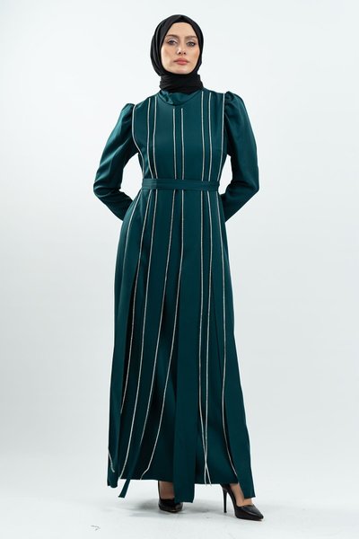 Zümrüt Yeşili Taş Detaylı Tesettür Abiye Elbise