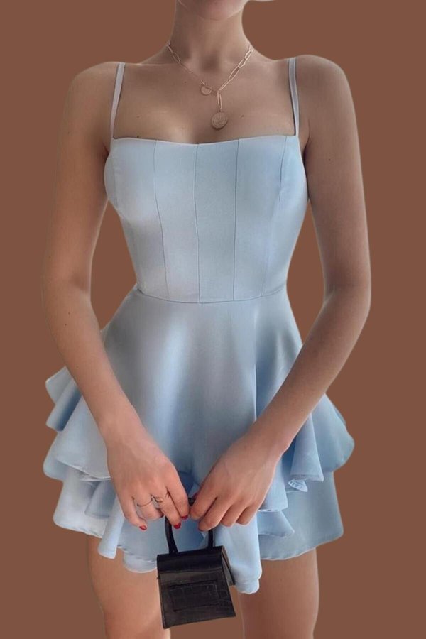 Baby Blue Mini Strappy Flared Hem Prom and Graduation Dress | Lovebox