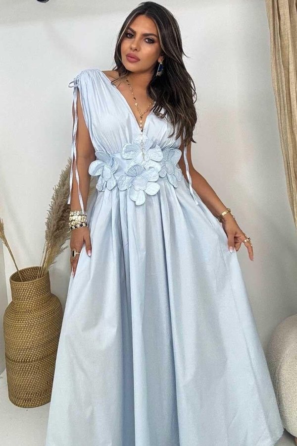 Baby Blue Long Embroidered Dress with Floral Appliqu | Sohotique By P