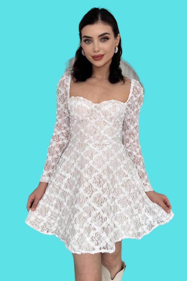 slim fit dress slacks Off-Shoulder Short Graduation Dress with Long Sleeves White / Small