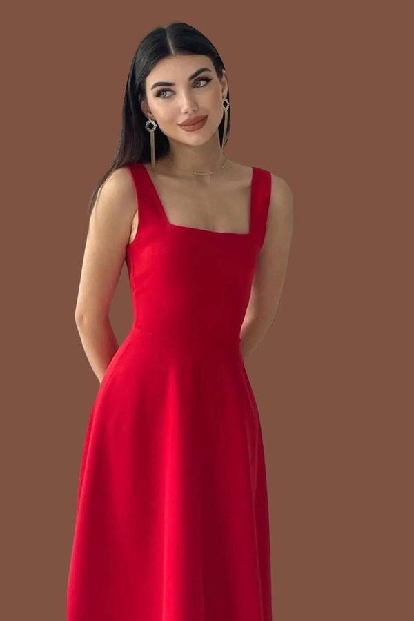 Red Midi Satin Fabric Cut Thick Strapped Square Neck Flared Dress | Lovebox