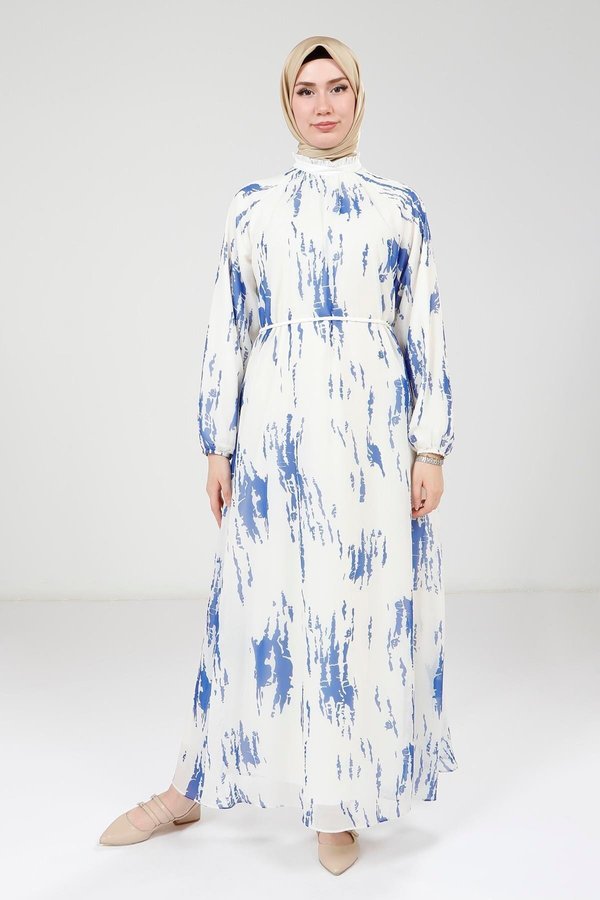 blue and white modest dress White Blue Palm Dress