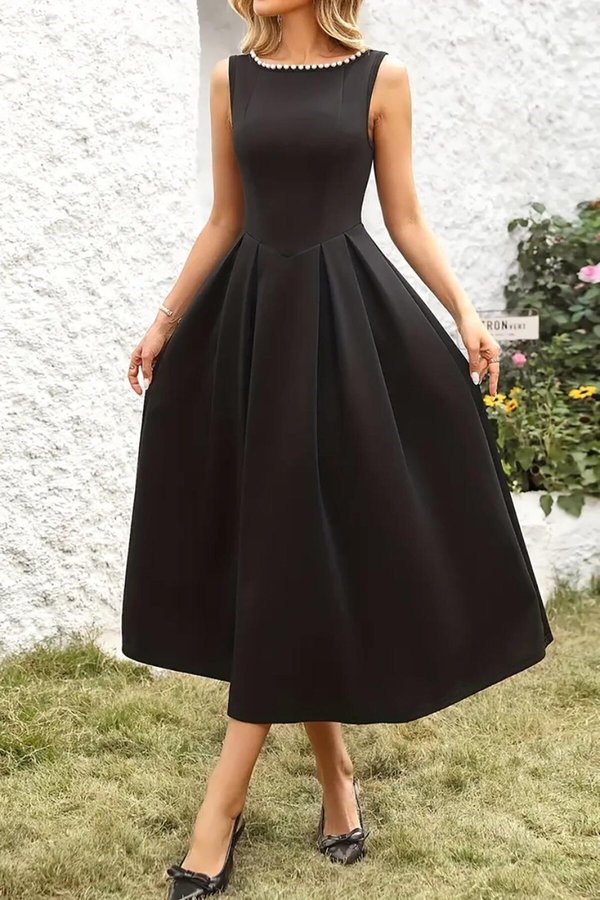 Black Midi Pearl Detailed A-Line Open Back Scuba Fabric Dress | Deafox