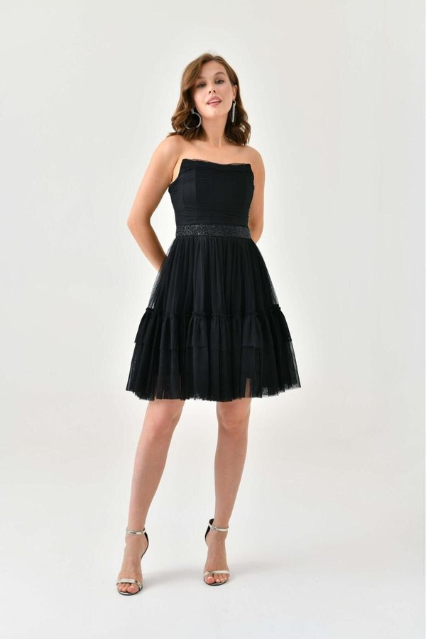 Black Mini Underwire Tulle Strapless Graduation Evening Dress BK