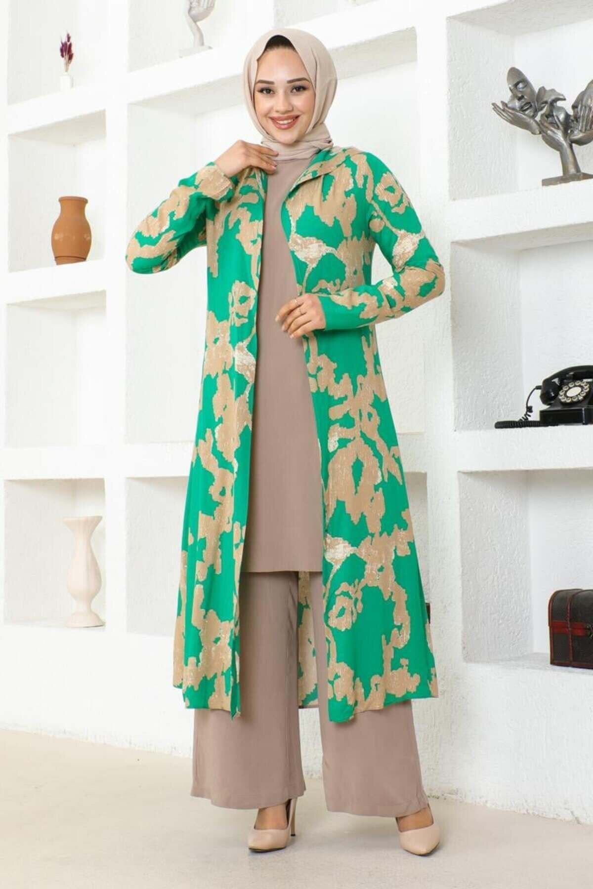 Green Patterned Three-Piece Modest Outfit - Mec Fashion