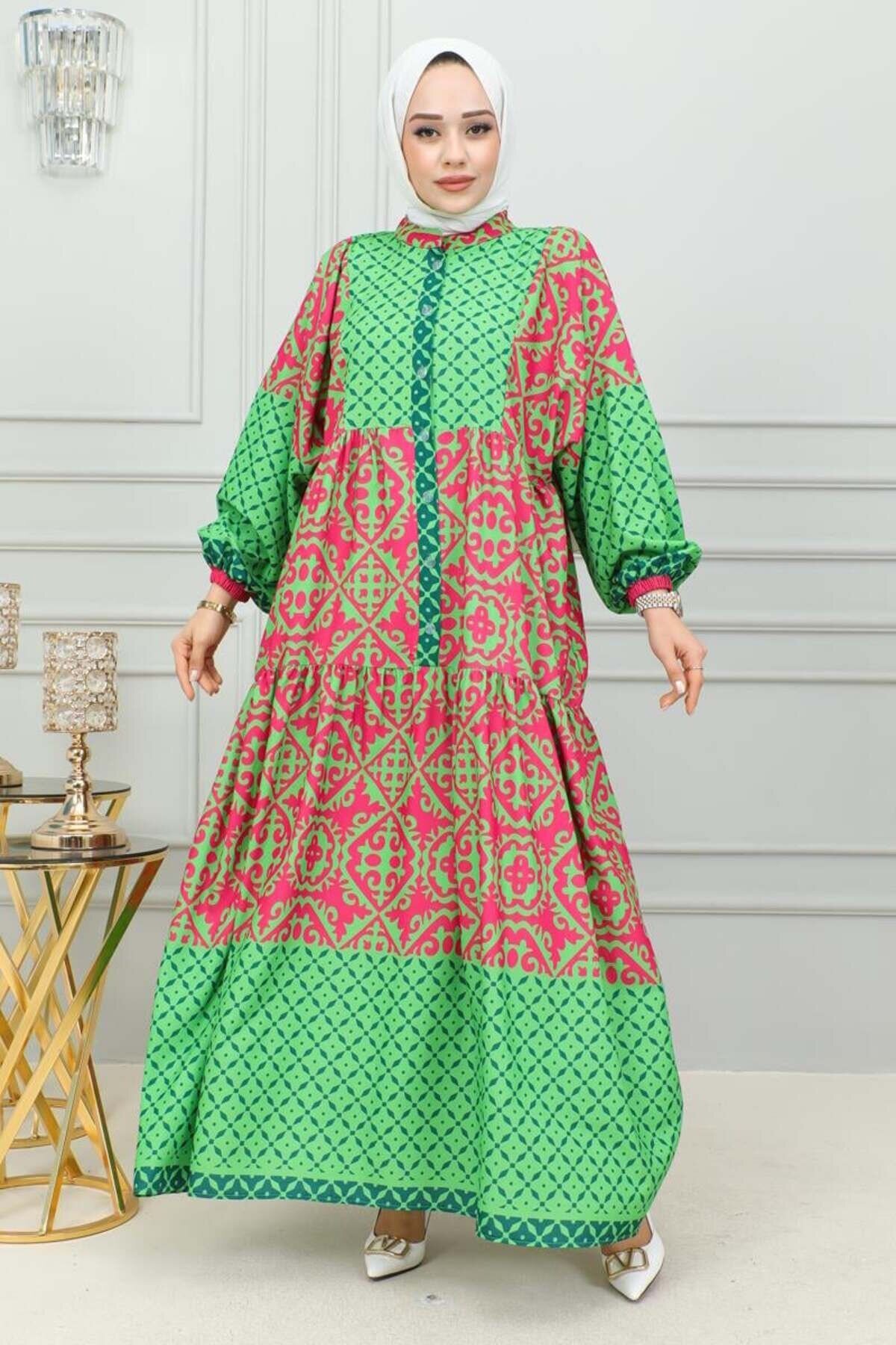 Yeşil Etnik Desenli Tesettür Elbise - Mec Fashion