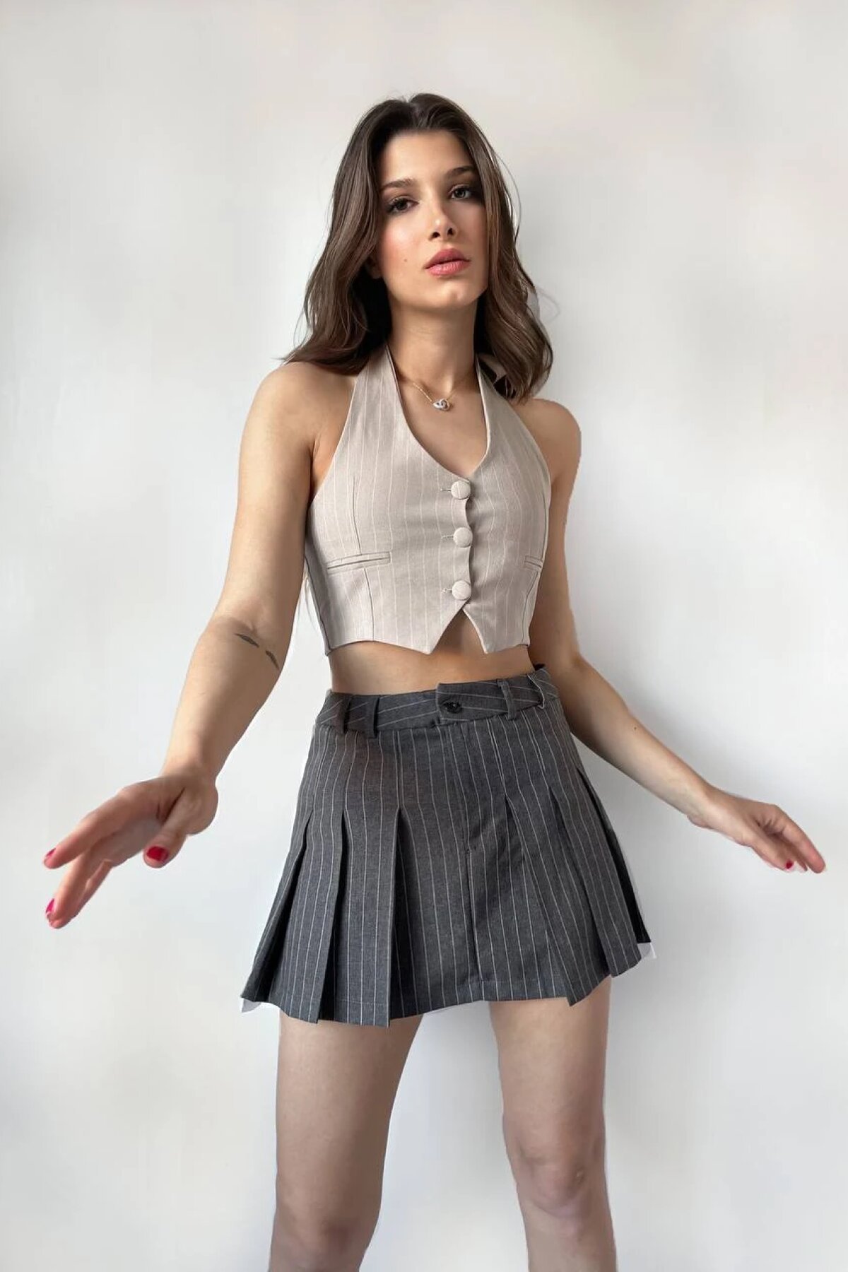 Anthracite Mini Pleated Pocket Detail Design Skirt - Luvita Co