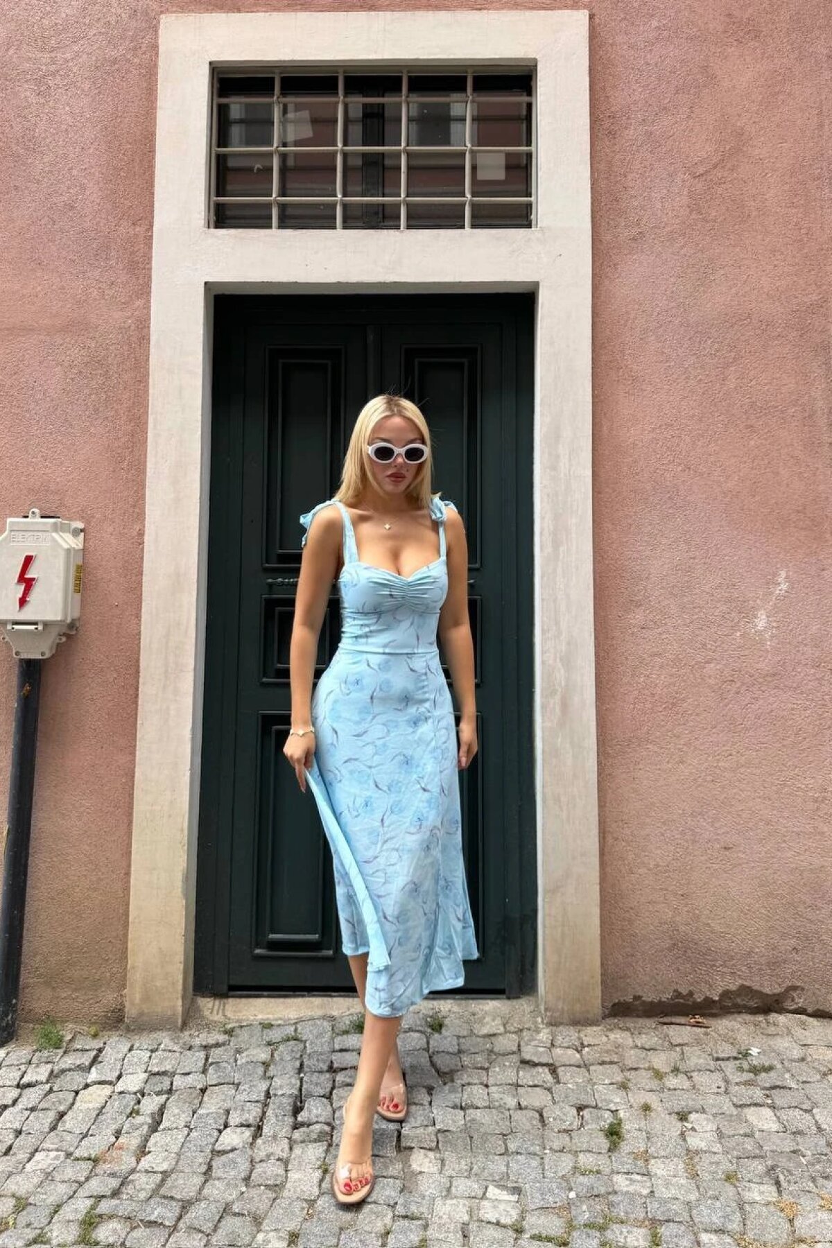 Baby Blue Midi Strappy Liora Floral Pattern Lined Dress - Luvita Co
