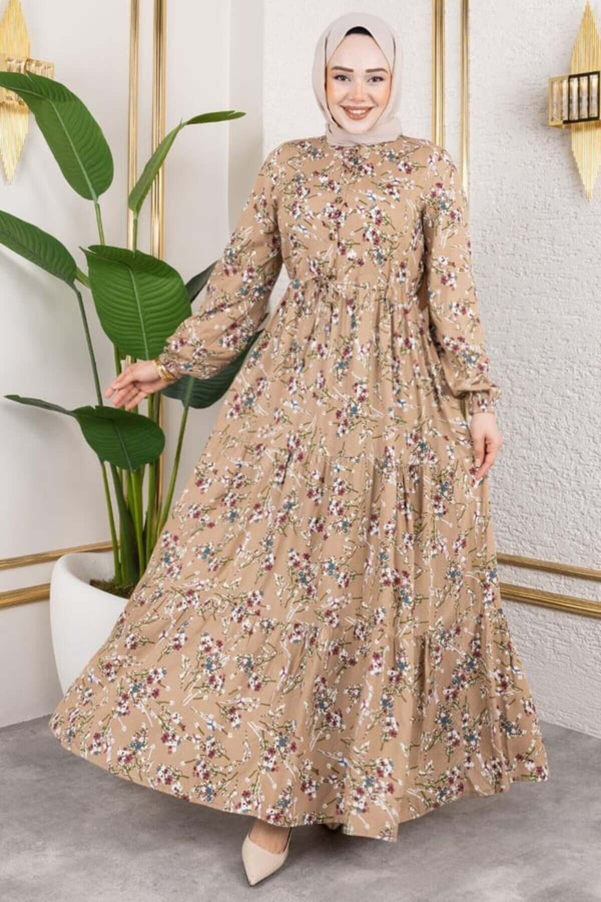 فستان محجبات فيسكوز مزهر بيج أسيل بلون المينك - Mec Fashion