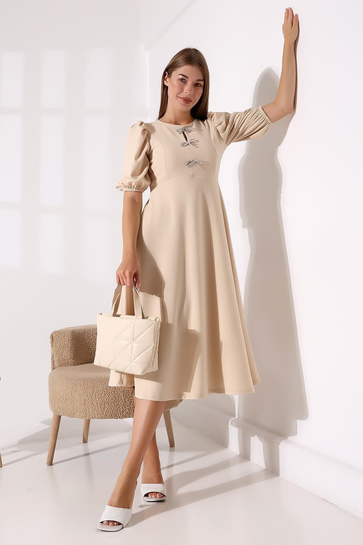 Beige Crepe Fabric Dress with Bow Detail and Plunging Neckline - Deafox