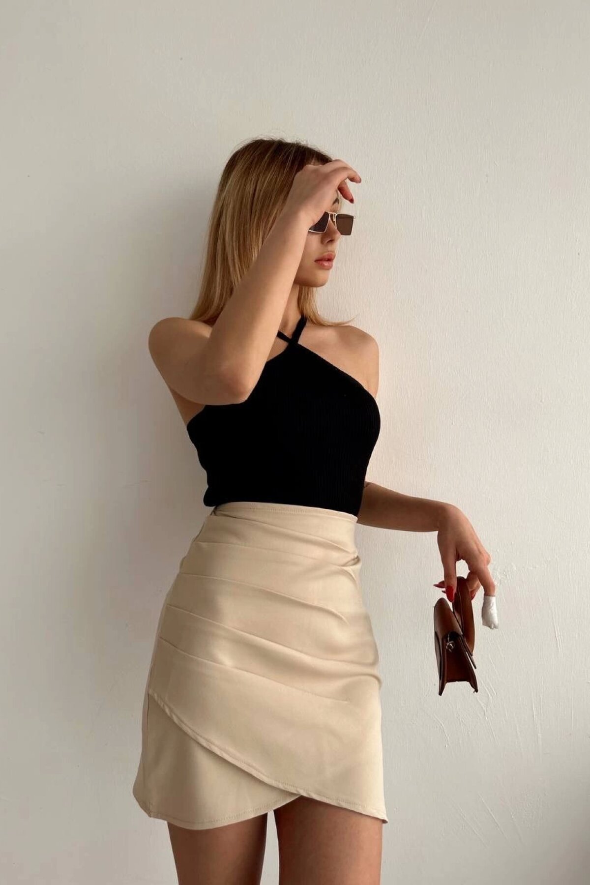 Beige Mini Side Draped Asymmetric Skirt - Özer&Hermin