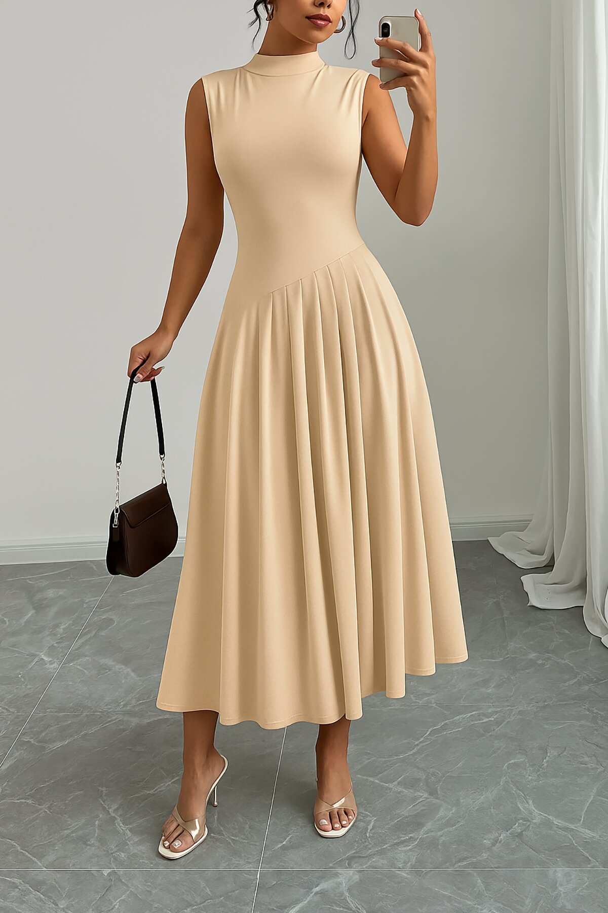Beige Long Pleated Crepe Turtleneck Dress - Deafox