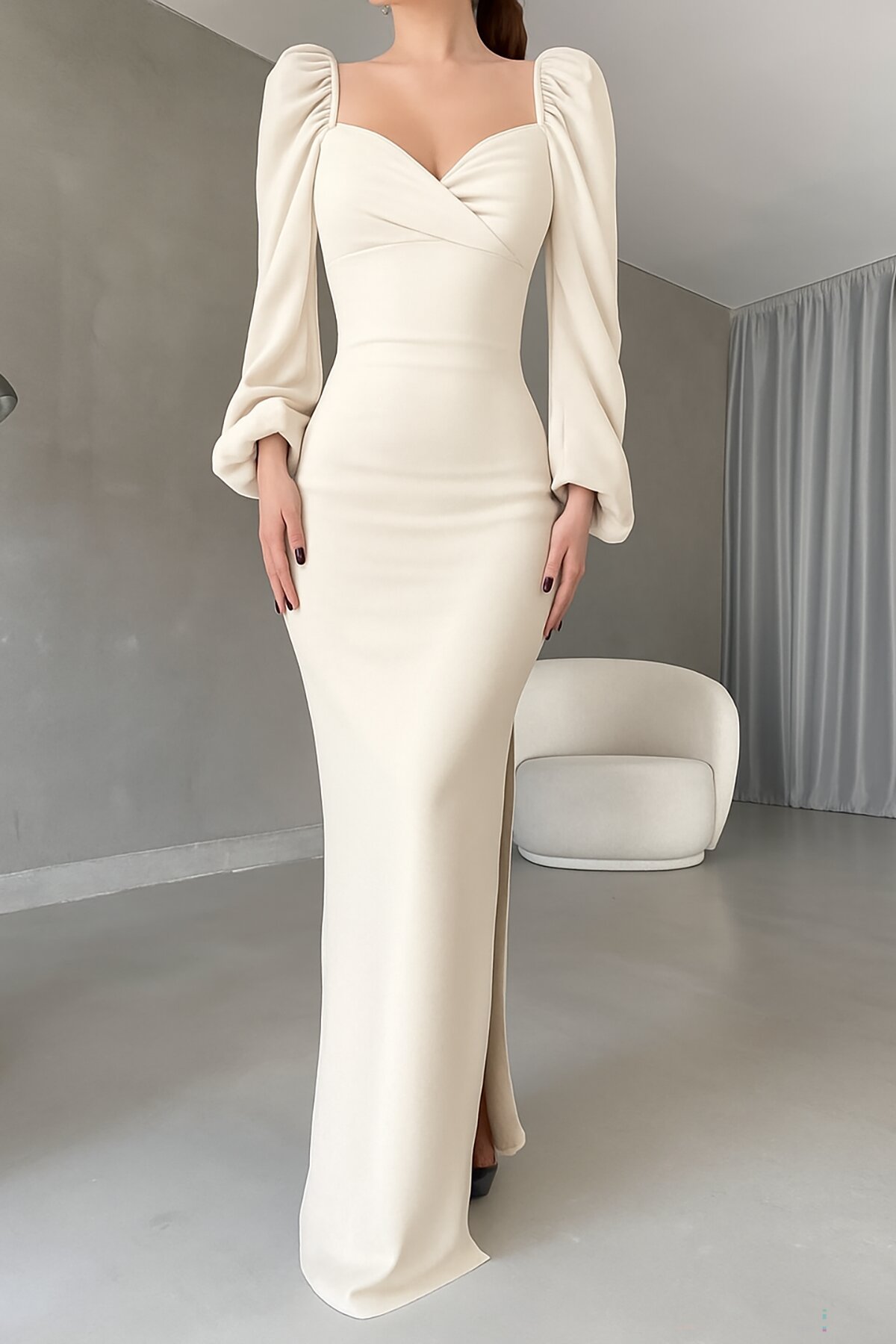 Beige Long Princess Sleeve Slit Detail Sweetheart Neck Imported Crepe Fabric Dress - Deafox